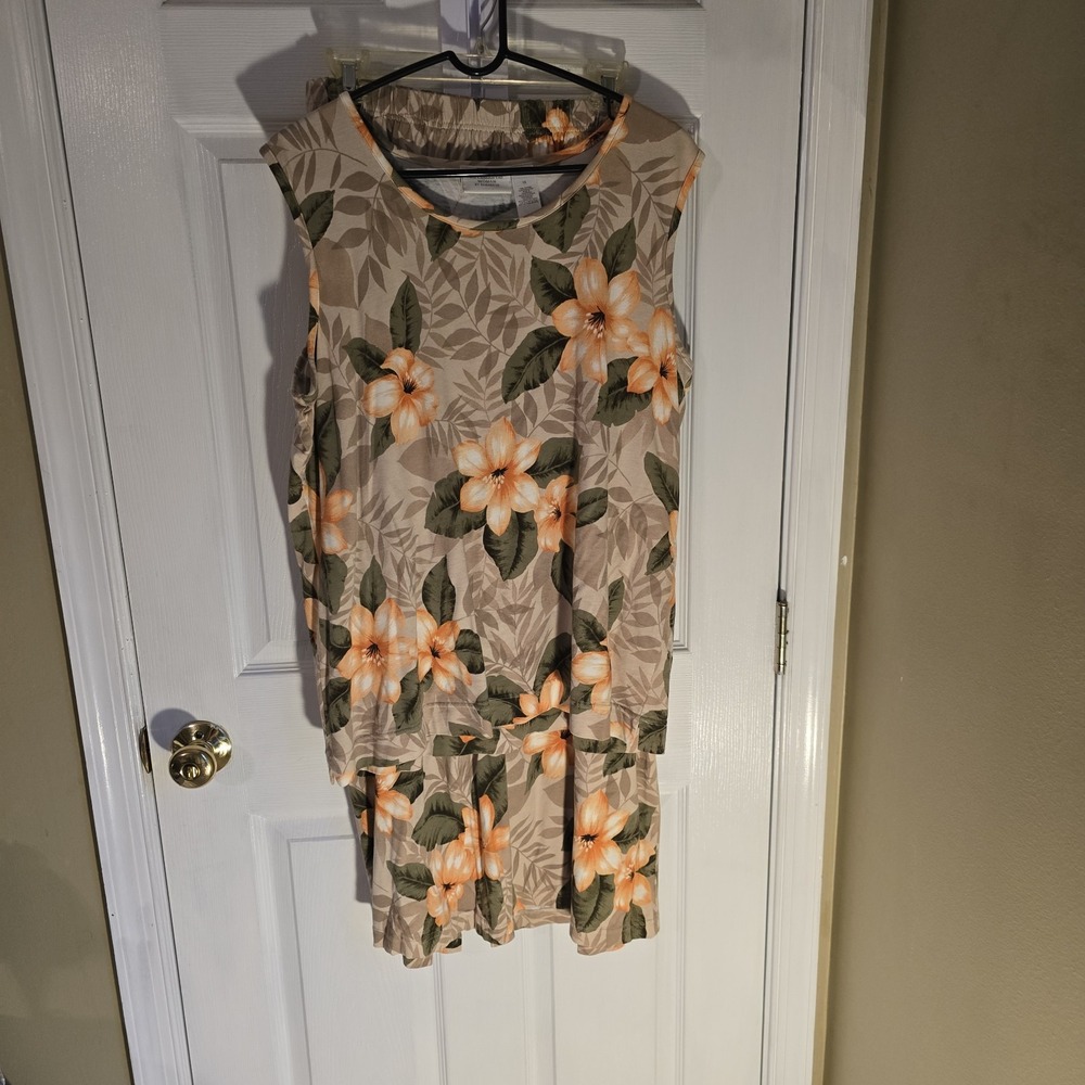 Liz Claiborne Woman Tropical Floral 2 Piece Set Top Skirt Orange Tan 1X Cotton